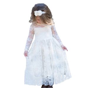 Vestido de niña Flor larga de encaje para la edad 2-12 Bebé Niños Princesa Formal Boda Vestido de fiesta de fiesta Blanco Big Bow Sweet Ropa Q0716