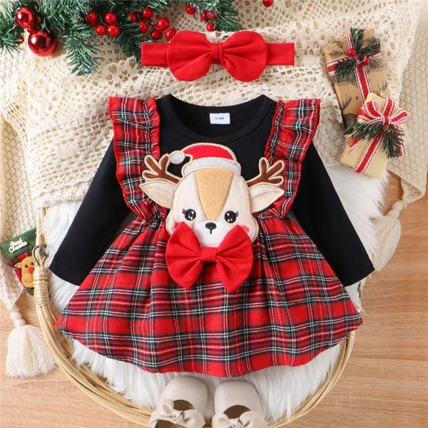 Robes de fille 0-24M né bébé filles robe de noël enfants princesse infantile cerf rouge Plaid imprimé Patchwork fête de noël bandeau Costume