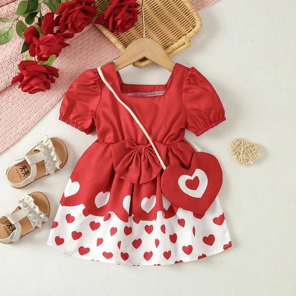 Vestidos de niña 0-3 años Vestido de verano para niñas, bolso cruzado en forma de corazón, manga corta para niños pequeños, cuello cuadrado, línea A, ropa para el Día de San Valentín