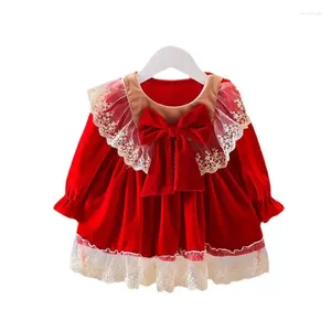 Meisjesjurken 0-3 jaar! Babyprinses Lolita Puffet Velvet Dress Spring herfst herfst Rode kinderen met lange mouwen peuter Princessbow Lace Vestidos