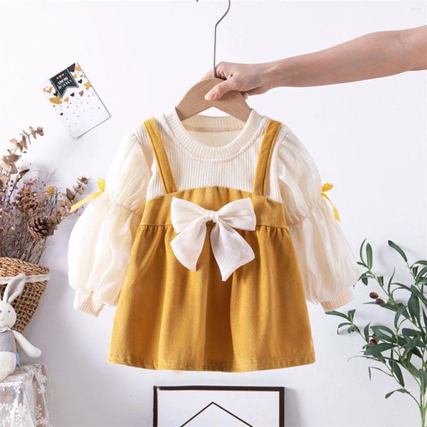 Robes pour filles de 0 à 4 ans, tenue de princesse Style doux et mignon, manches longues, à volants, avec nœud papillon décoré, printemps 2024