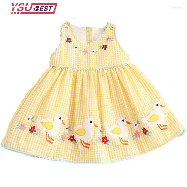 Vestidos para niñas de 0 a 6 años, vestido de fiesta con pato bordado bonito de verano para niñas pequeñas, ropa de princesa a cuadros amarilla para bebés