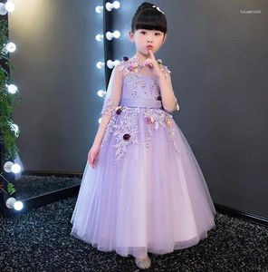 Robes de fille 1-14Y noël Violet dentelle filles robe de mariée fleur perle demi manches bal formel première Communion robe