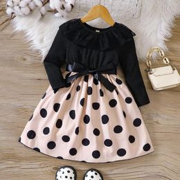 Vestidos de niña 1 2 3 4 5 6Y Ropa de otoño para niños Vestido de manga larga con cuello de encaje negro Lunares para niñas Ropa de fiesta para niños pequeños