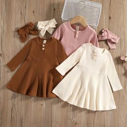 Robes de fille 1 2 3 4 5 ans enfant en bas âge bébé filles robe printemps automne décontracté solide côtelé à manches longues princesse avec des bandeaux