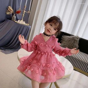 Vestidos de niña 1-2T, vestido de princesa de gasa dulce para niña, puños elásticos rosas de verano, manga larga, cuello en V, informal, lindo punto de flor 3D