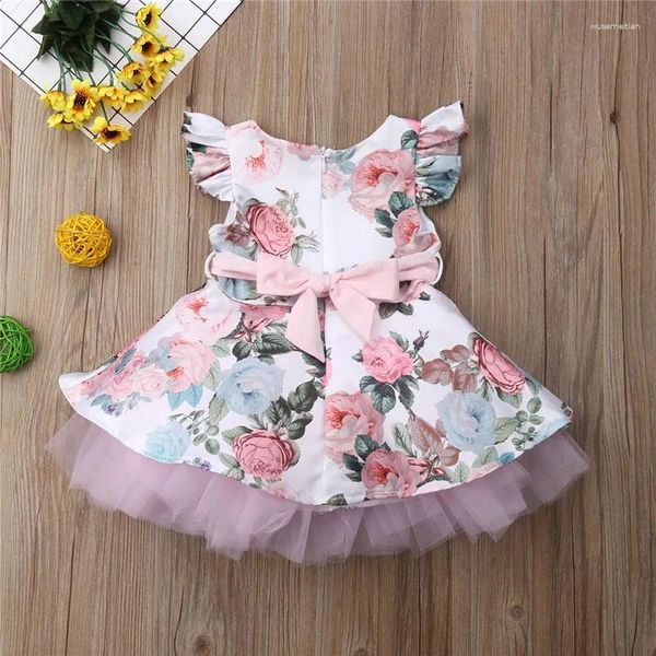 Robes de fille 1-4 ans bébé filles robe de princesse dentelle Patchwork manches volantes nœud imprimé fleuri robe d'été pour anniversaire Tutu