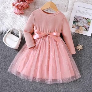 Robes de fille 1-5 ans filles robe en tulle enfants à manches longues tricoté paillettes étoiles imprimé arc princesse enfant en bas âge enfants fête pageant vêtements