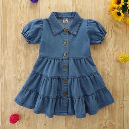 Robes d'été pour filles de 1 à 5 ans, tenue de princesse en Denim, manches courtes, col rabattu, froufrous, couleur unie, vêtements décontractés