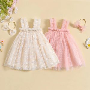 Robes de fille 1-5Y enfants filles robe dentelle brodée/motif de fleur sans manches Cami été vêtements décontractés princesse avec bandeau