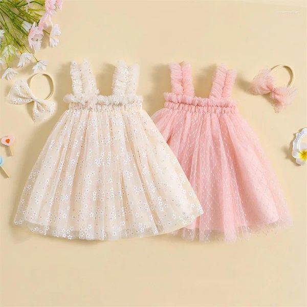 Vestidos de niña 1-5Y Niños Niñas Vestido de tul bordado de flores con diadema Bebé Sin mangas Sling Casual Dulce Verano Ropa para niños