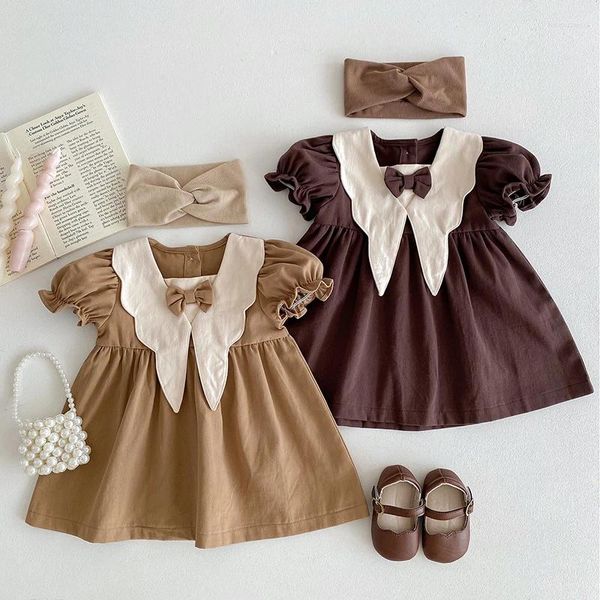 Robes de fille 1 à 5 ans Baby Girls Hobe Vêtements d'arc décontractés Coton Coton Princesse Big Turn Down Collar Corée