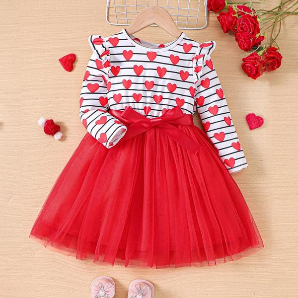 Robes de soirée pour filles de 1 à 5 ans, en maille, Patchwork, imprimé cœur d'amour, en Tulle rouge, vêtements de princesse pour enfants