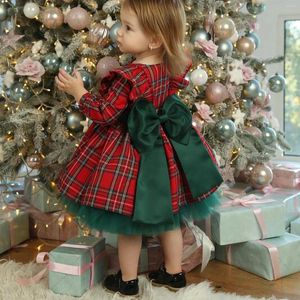 Meisje Jurken 1-6Y Mode Kinderen Kerst Jurk Herfst Meisjes Prinses Lange Mouw Geruite Strik Tule Peuter Baby Baljurk
