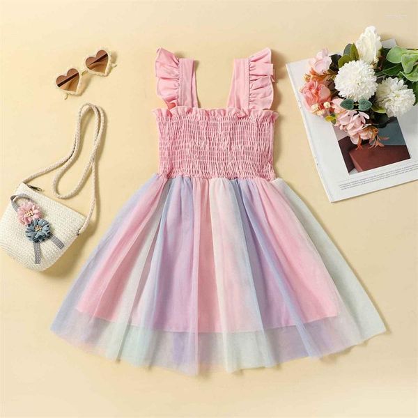 Vestidos de niña 1-6Y Kids Girls Sweety Dress Manga fruncida Gradiente de malla en capas Tul Summer Casual Princess Sundress