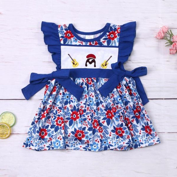 Vestidos de niña 1-8T, vestido de fiesta azul de verano, ropa con patrón, bata bordada de guitarra, falda larga de princesa sin mangas, Boutique