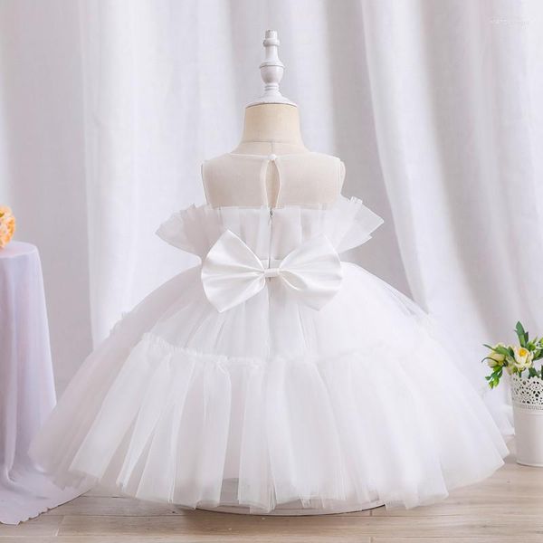 Robes de fille 12M bébé arc Tutu robe fleur robe blanche pour mariage baptême infantile né un an tenues de fête d'anniversaire