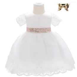 Vestidos de niña Vestido de 1er cumpleaños para niñas pequeñas Diadema de fiesta de manga corta Ropa blanca de Navidad Vestidos de bautizo para niños pequeños