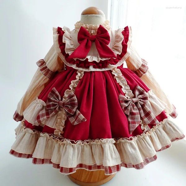 Robes de fille 2-14 ans bébé Lolita automne hiver robe de soirée rouge Patchwork Europe Vintage espagnol princesse robe de bal pour Noël Eid