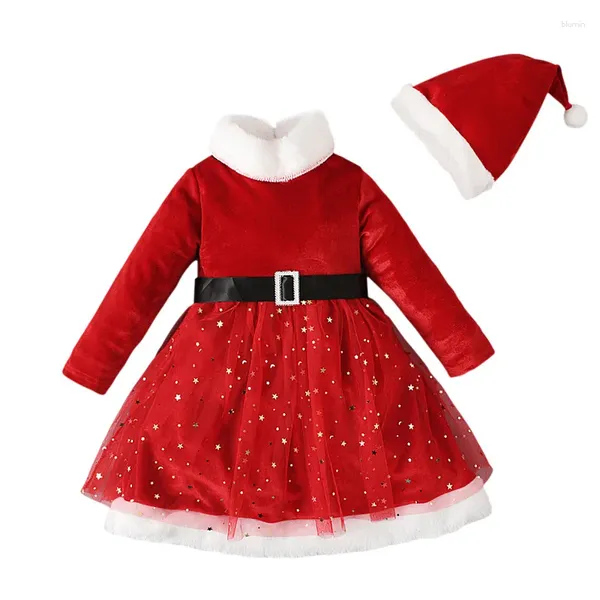 Robes d'hiver pour filles de 2 à 6 ans, robe de noël, chapeau, ceinture, 3 étoiles, paillettes, maille, vêtements pour bébés, tenue pour enfants, A665