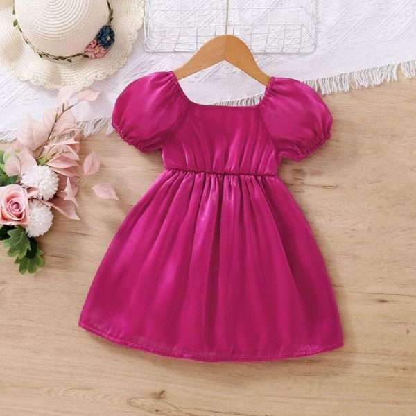 Vestidos de niña de 2 a 7 años, ropa para niñas, verano 2023, vestido de princesa de Color sólido con mangas abullonadas, disfraz para niños, Vestidos rosa y rojo