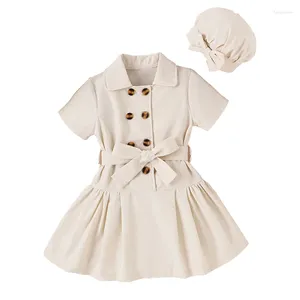 Robes pour filles de 2 à 7 ans, ensembles de robes de printemps et d'automne, Beige, manches courtes, boutons, ligne a, fête pour enfants, ensemble de chapeaux à nœud papillon