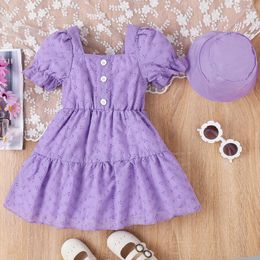 Robes de fille 2-7ans Toddler Girls Summer Casual Dress Purple Short Sleeve Kids A-Line Jacquard With Hat