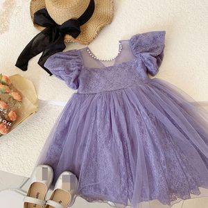 Fille Robes 2-8 Ans D'été Maille Princesse Robe Enfants Fête D'anniversaire Perles Fantaisie Costume Enfants Arc Violet Vêtements