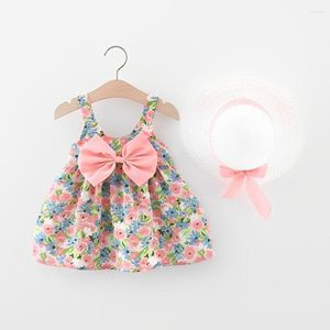 Meisjesjurken 2 -delige zomer voor babymeisjes kleren zon hoed schattige boog bloem afdrukken mouwloze 0 tot 3 jaar kinderprinses sundress sets