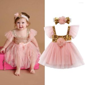 Girl -jurken 2022 Merk Toddler Infant Born Baby Princess Wedding Flower Tutu Tule Sequins Dress Hoofdband 2 stks Chiffon