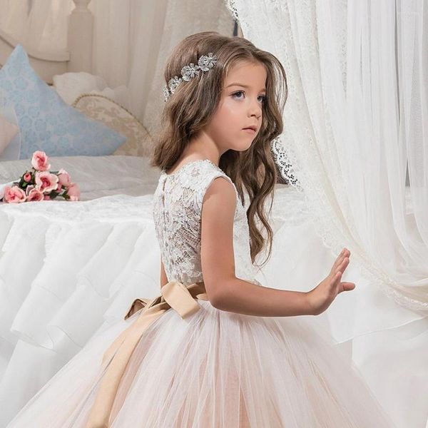 Vestidos de niña 2022 Diseño de flores para bodas Vestido de fiesta para niñas y niños Vestido con cinturón Little Glitz Princesa blanca