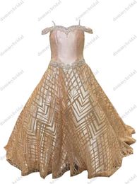 Girl -jurken 2022 Glitter Gold Little Girls Pageant Prom Formal For Kids Teens Crystals with Sleeve Boho Flower Dress