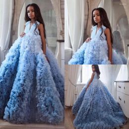 Girl -jurken 2022 Ruffled Flowers Girls For Wedding Backless V Neck Toddler Pageant -jurken Sweep Train Tule Children Prom Dress