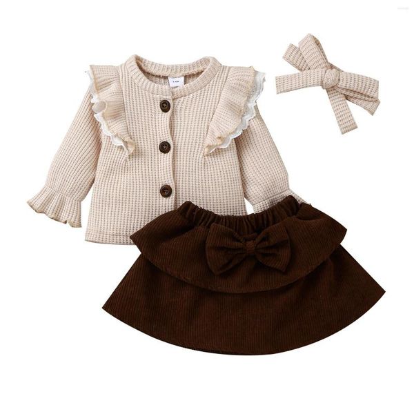 Robes d'automne pour bébés filles, 3 pièces, tenues d'automne, manches longues, boutons, haut en tricot, jupe à nœud, ensemble bandeau, 2022