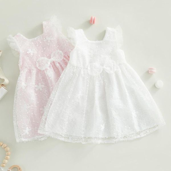 Vestidos de niña 2023 6-24M, vestido de princesa para niñas, verano sin mangas, cuello redondo, encaje Floral bordado, tul acampanado con decoración de lazo para fiesta