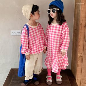 Robes de fille 2023 Automne Boys Girls Brother and Soegh Robe Casual Casual Plaid Fashion Fishtail Jirt