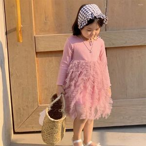 Robes de fille 2023 Automne coréen enfants vêtements filles jupe en tulle robe de danse à manches longues col rond coton princesse couleur unie mode a-ligne