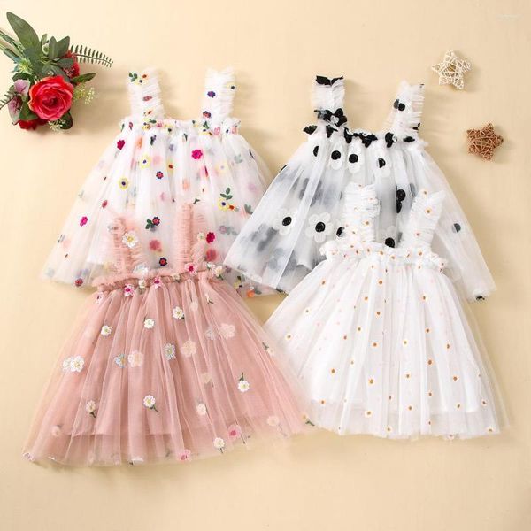 Fille robes 2023 bébé vêtements multicolore brodé Floral maille Camisole mignon robe fête princesse moelleux