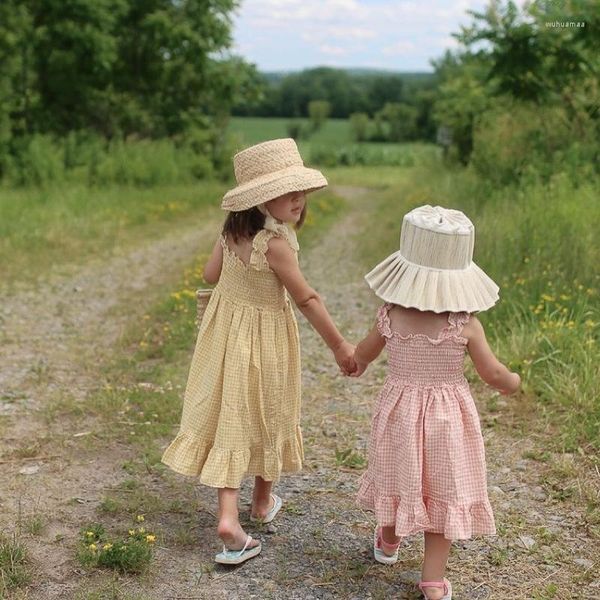 Robes d'été pour petites filles, tenue de princesse à carreaux, sans manches, en coton, pour enfants, 2023