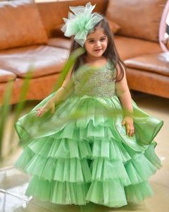 Fille Robes 2023 Dentelle Perlée Fleur Robe De Bal Satin Niveaux Lilttle Enfants Anniversaire Pageant Robes De Mariage