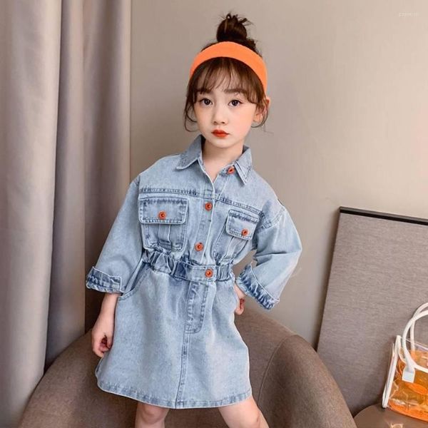 Fille robes 2023 marque infantile enfant enfants Denim robe jean poche à manches longues chemise ample Mini mode vêtements 3 T-12 ans