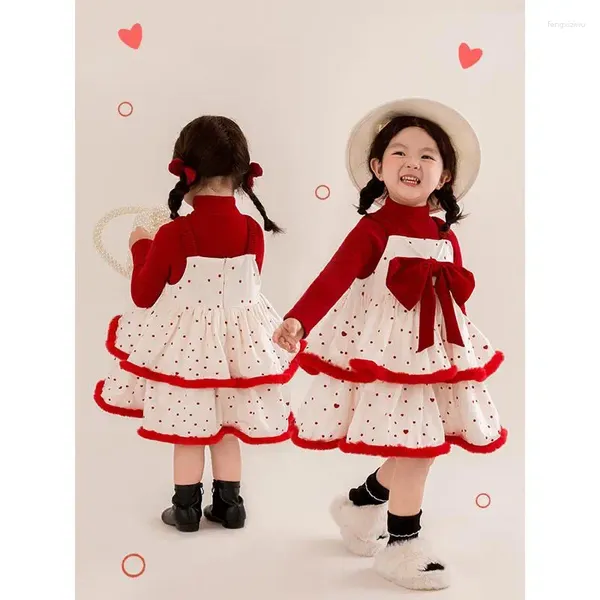 Robes pour filles, ensemble pour enfants, robe à bretelles, pull en tricot rouge, 2 pièces, robe d'été imprimée à pois et hauts tricotés, 2023