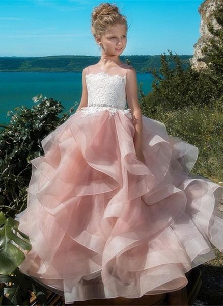 Vestidos de niña 2023, linda flor para boda, encaje espagueti, apliques florales, faldas con cuentas escalonadas, vestido de desfile para niñas, línea A para niños