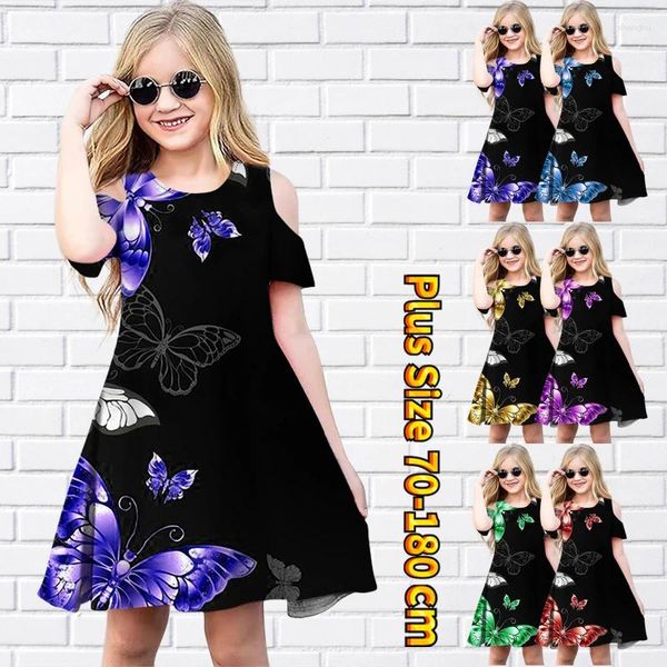 Vestidos de niña 2023 moda princesa falda suelta midi pequeña mariposa impresión manga corta verano cuello redondo vestido encantador