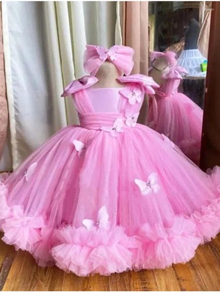 Robes de fille 2023 Robe de fleur pour le mariage en couches Puffy Tulle 3D Papillons Fête d'anniversaire Beauté Pageant Robes Première Communion