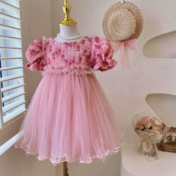 Robes de fille 2023 Filles 3D Rose Robe de princesse élégante Enfants Boutique Floral Perles Jupe Piano Performance Party Show Vêtements de soirée 2-7Y