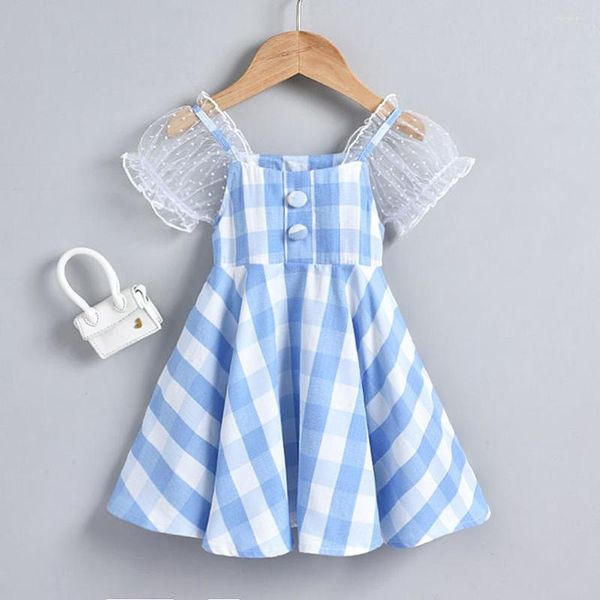 Fille robes 2023 filles été robe à carreaux bébé enfants à manches courtes bouffée maille fête d'anniversaire enfants vêtements tenues