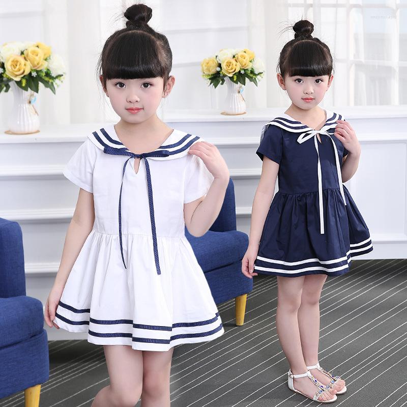 Girl Dresses 2023 Kids Girls Summer Bow Sailor Collar Dress Children Short Sleeve A-Line Princess Clothes For Baby 3-11 Years