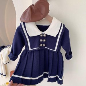Vestidos de niña 2023 estilos de la Marina coreana niño bebé azul marinero cuello vestido de punto Otoño Invierno niñas suéter ropa para niños