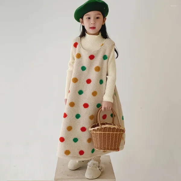Robes d'hiver coréennes pour filles, en laine, en coton polaire, chaud, à pois multicolores, sans manches, 2023